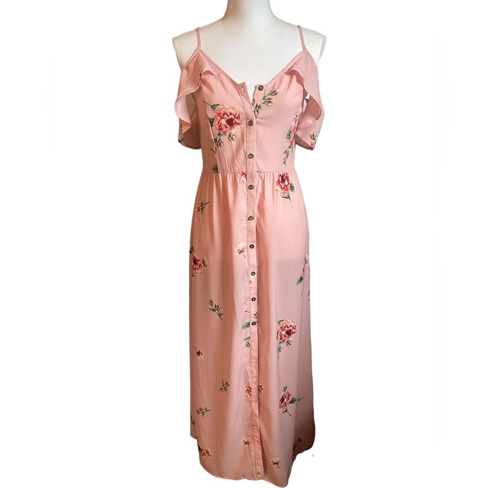 Xhilaration Women’s Blush Pink Floral Button Front Off Shoulder Maxi Dress XS